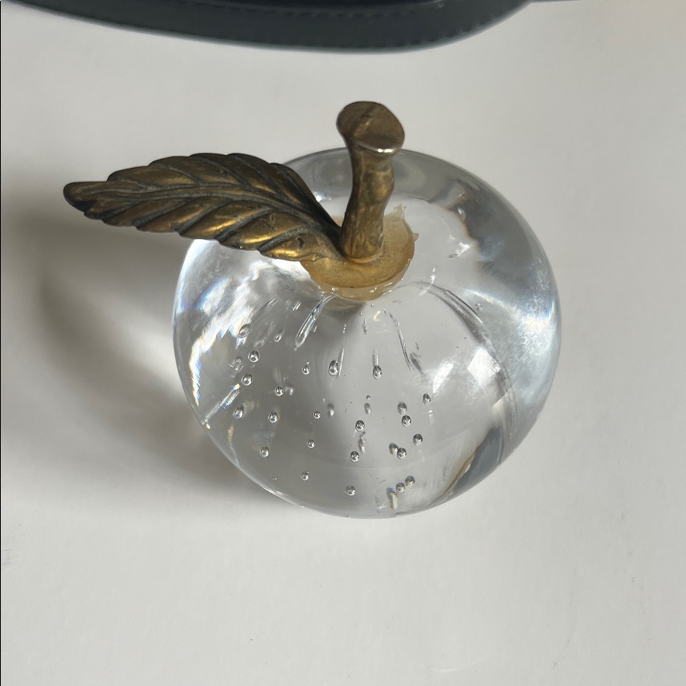 Crystal Apple Paperweight with Brass Stem and Leaf